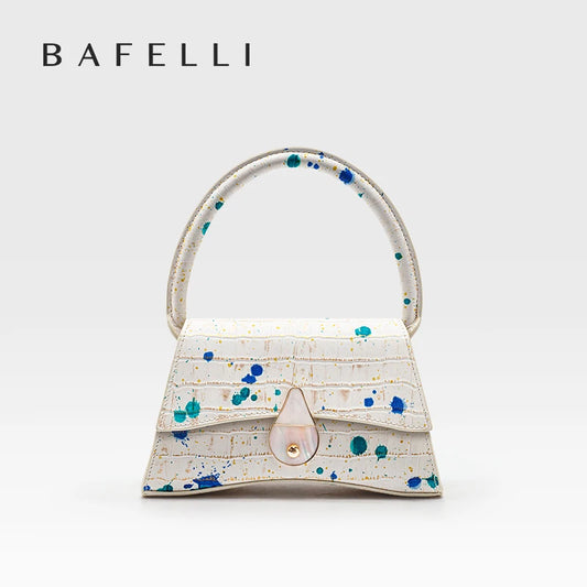 Handbag with blue and green splatter design on a white background, featuring the brand 'Bafelli'.