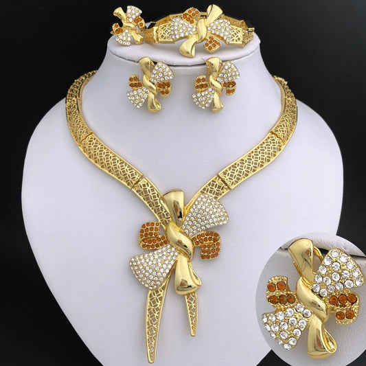 Elegant Bowknot Jewelry Set – 18K Gold Plated Necklace, Bracelet, Earrings & Ring