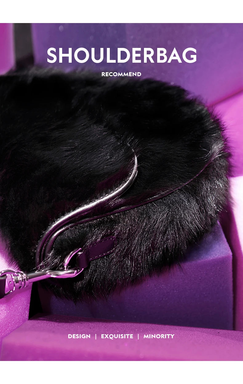 Black fur shoulder bag with silver zipper