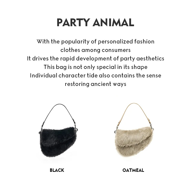 Two bags, one black and one oatmeal, with text about personalized fashion and party aesthetics.