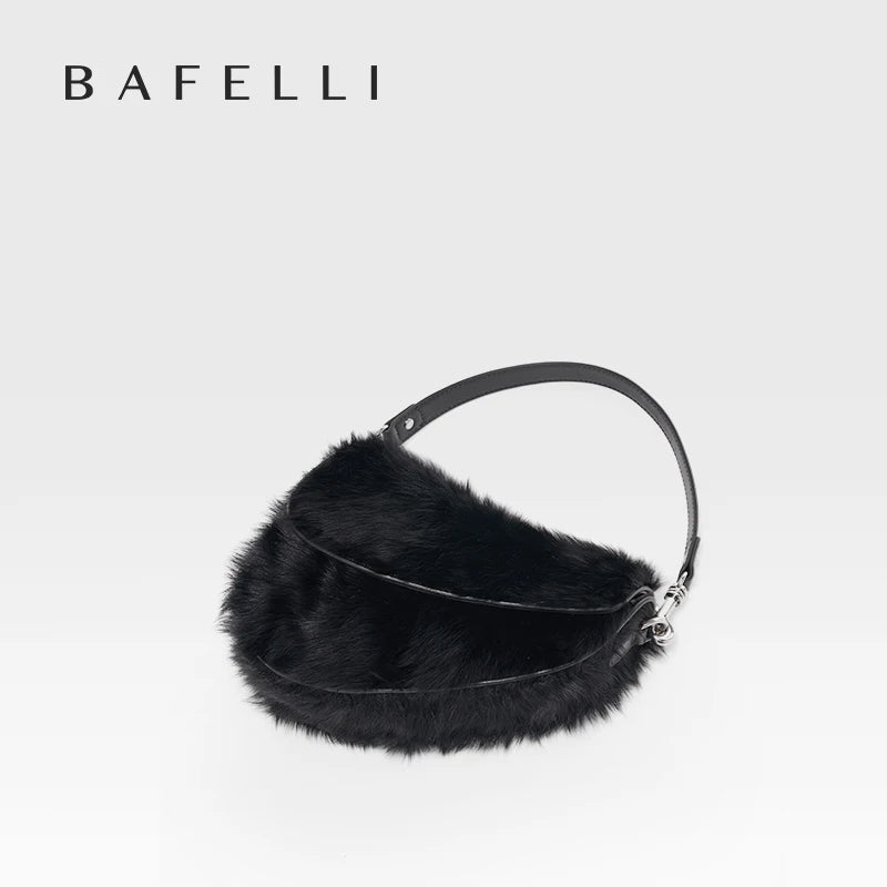Black fur handbag with a strap on a light gray background