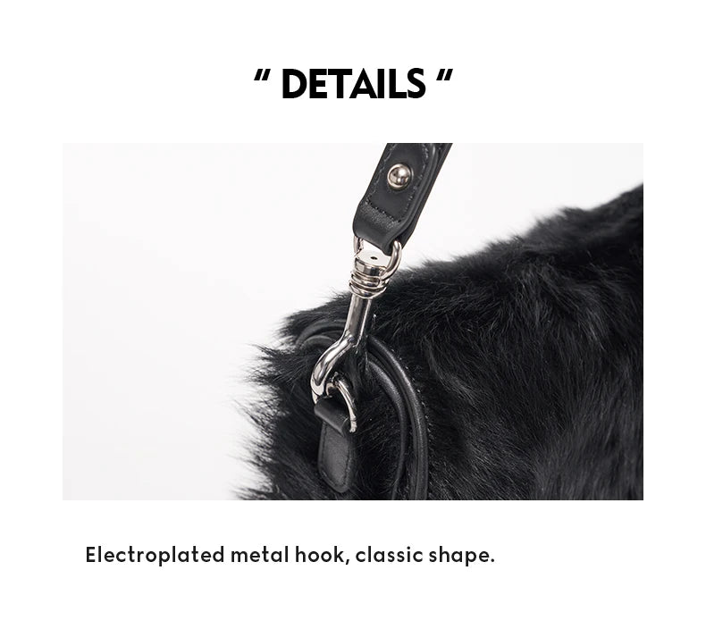 Close-up of a black fur product with an electroplated metal hook