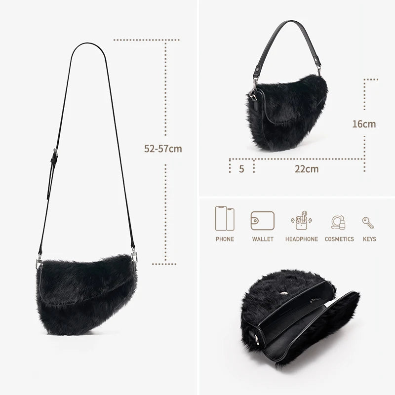 Black fur handbag with measurements and item capacity icons on a white background