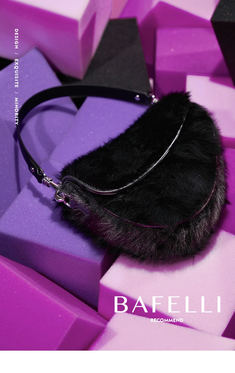 Black fur handbag on a purple geometric