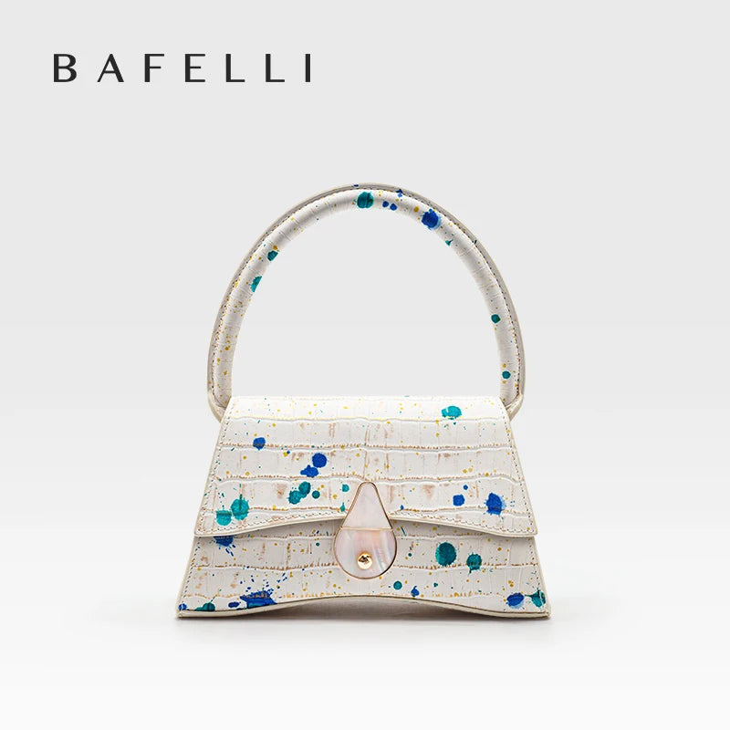 Handbag with blue and green splatter design on a white background, featuring the brand 'Bafelli'.