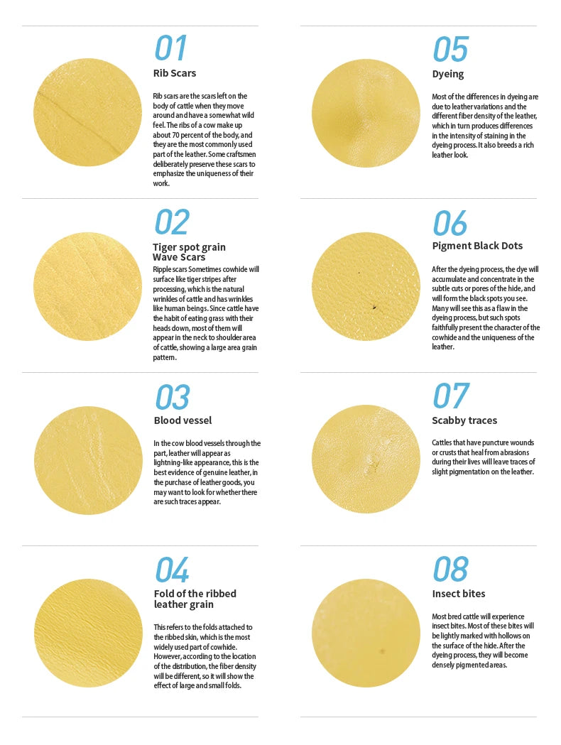 Educational chart about leather defects with yellow circles and text on a white background