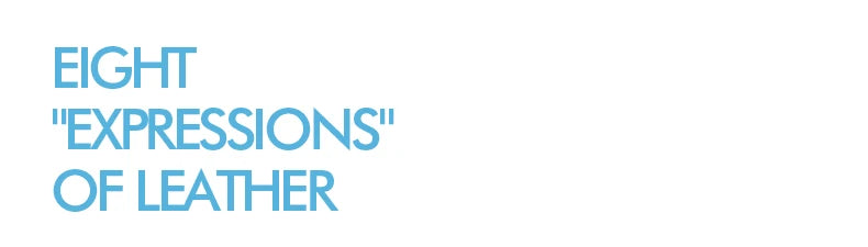 Text 'Eight 'Expressions' of Leather' in blue