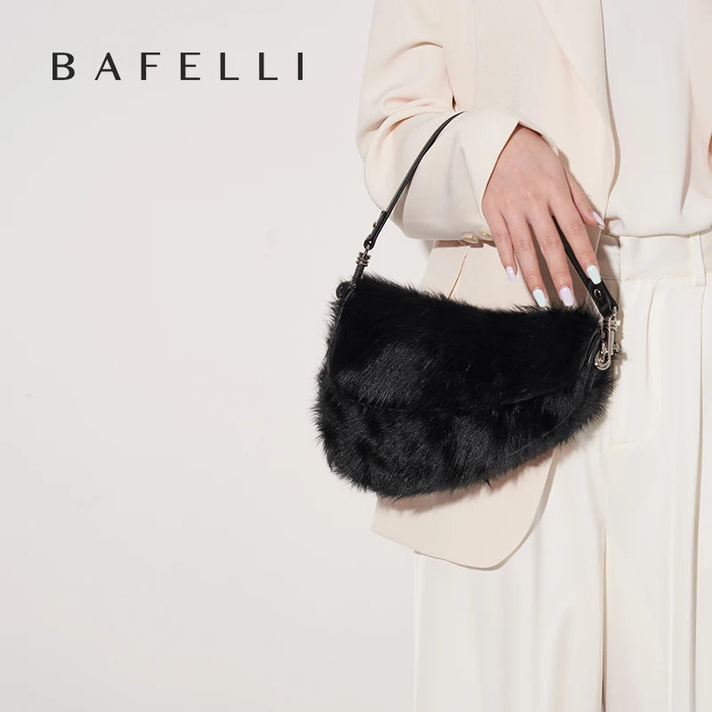 Black fur handbag held by a person wearing a beige outfit on a light gray background
