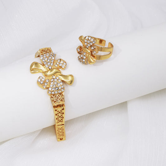 Elegant Bowknot Jewelry Set – 18K Gold Plated Necklace, Bracelet, Earrings & Ring
